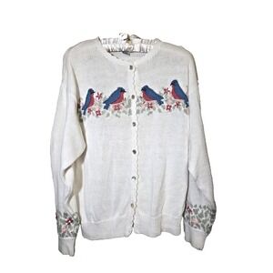 Vtg Orvis Sweater Cardigan Birds Bluebird Flowers Knitted Scalloped Grannycore M